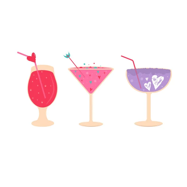 Schöne Valentinstags Ikonen Mit Verschiedenen Gläsern Wein Süßem Cocktail Und — Stockvektor