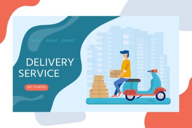 Teslim hizmet anlayışı ile kuryeler, gülümseyen hareket eden apps için açılış web sayfası, parsel. Nakliye paketi ile düz tasarımında yatay web afiş. Web sitesi için vektör çizim.