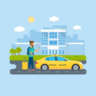 Makine sarı taksi, taksi şehirde arama telefon ile genç adam. Genel taksi hizmet anlayışı. Düz vektör çizim.