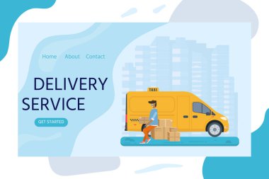 Düz stil vektör çizim teslim hizmet anlayışı. Taksi kamyon genç adam tutarak kutu paket, mağaza, dükkanı versite arka plan ile nakliye ile. Vektör düz kavramsal tasarım web reklam, site, açılış sayfası için
