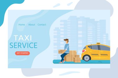 Şehirde taksi arama telefon ile makine sarı taksi ve genç adam. Web reklam, site, açılış sayfası için genel taksi hizmet anlayışı. Düz vektör çizim.