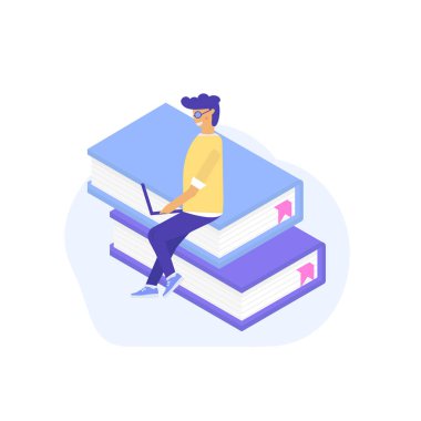 Kitap eğitim için seçtiğiniz öğrenci ders. Online Eğitim teknolojisi ve dijital kütüphane kavramı. Açılış sayfası şablonu, mobil uygulaması, tasarım web afiş, infographics için kullanılabilir. Düz vektör.