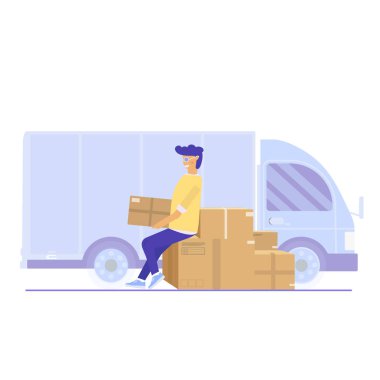 Düz stil vektör çizim teslim hizmet anlayışı. Kamyon taksi tutarak kutu paket, mağaza, izole üzerinde beyaz zemin nakliye Dükkanı genç adamla. Vektör düz kavramsal tasarım web reklam, site, açılış sayfası için