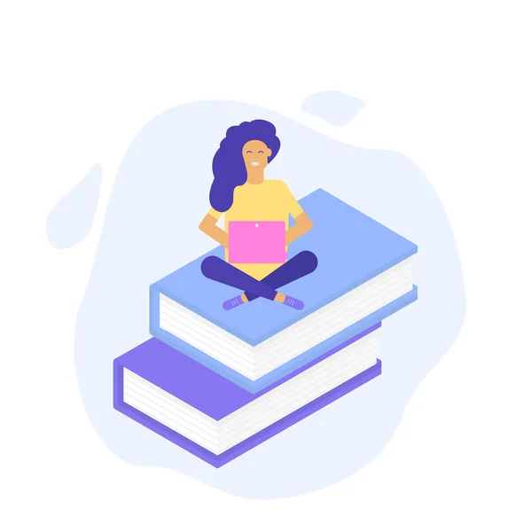 Student choosing book for tutorial, course. Online education technology and digital library concept. Can be used for landing page template,mobile app, design for web banner, infographics. Flat vector.