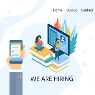İşe alma ajansı, sosyal medya, belgeleri, işe alma, web afiş, infographics, çalışan açılış sayfası için karakter konseptiyle. İşe alma, askere kaynakları, seçim, araştırma için illüstrasyon. Vektör