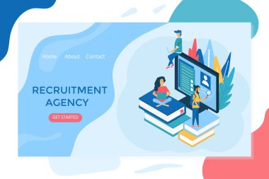 İşe alma ajansı, sosyal medya, belgeleri, işe alma, web afiş, infographics, çalışan açılış sayfası için karakter konseptiyle. İşe alma, askere kaynakları, seçim, araştırma için illüstrasyon. Vektör