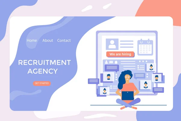 İşe alma ajansı, sosyal medya, belgeleri, işe alma, web afiş, infographics, çalışan açılış sayfası için karakter konseptiyle. İşe alma, askere kaynakları, seçim, araştırma için illüstrasyon. Vektör
