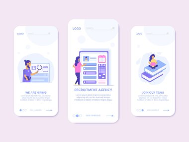 İşe alım ajansı, sosyal medya, belgeler, çalışan işe alma, web afiş, infographics, açılış sayfası için karakterler ile kavramı. İşe alım, istihdam kaynakları, düzen, araştırma için İllüstrasyon. Vektör