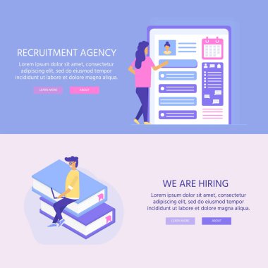 İşe alım ajansı, sosyal medya, belgeler, çalışan işe alma, web afiş, infographics, açılış sayfası için karakterler ile kavramı. İşe alım, istihdam kaynakları, düzen, araştırma için İllüstrasyon. Vektör
