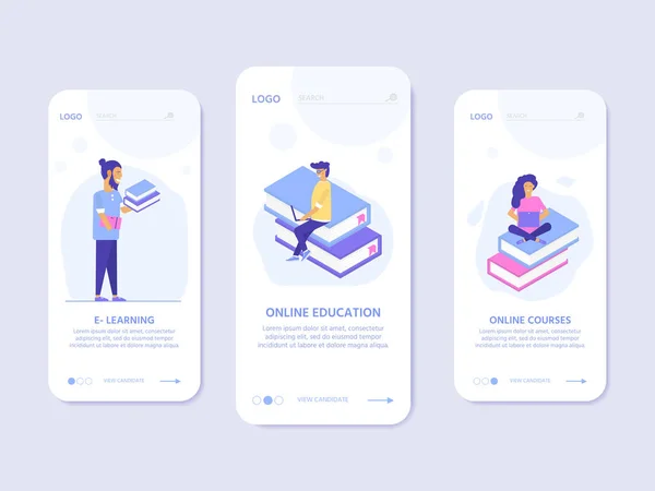 Online eğitim kavramı. Uygulama için mobil şablonlu isometrik illüstrasyon. Eğitim kursları, öğreticiler, dersler, uzmanlık, öğretim, dil öğrenimi, üniversite çalışmaları için kitap ve bilgisayara sahip kişiler.