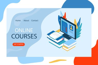 Online eğitim kavramı. İzometrik çizimde kitap ve bilgisayar eğitim kursları, dersler, konferanslar, uzmanlık, öğretim, dil öğrenme, üniversite eğitimi için. Vektör