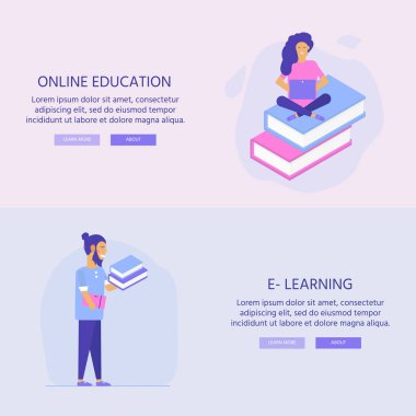 Online eğitim kavramı. Uygulama için mobil şablonlu isometrik illüstrasyon. Eğitim kursları, öğreticiler, dersler, öğretim, öğrenme, üniversite çalışmaları için kitap ve bilgisayara sahip kişiler.