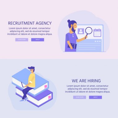 İşe alım ajansı, sosyal medya, belgeler, çalışan işe alma, web afiş, infographics, açılış sayfası için karakterler ile kavramı. Kaynakları işe alma, düzen, araştırma için İllüstrasyon. Vektör