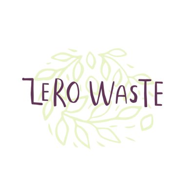 El çizilmiş Sıfır atık logosu veya işareti. Eko rozet, alışveriş için etiket, hiçbir plastik pazar, ürün ambalaj. Elle çizilmiş yapraklar, dallar, yazı ile bitki elemanları. Vektör organik tasarım şablonu.