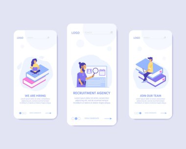 İşe alım ajansı, sosyal medya, belgeler, çalışan işe alma, web afiş, infographics, açılış sayfası için karakterler ile kavramı. Kaynakları işe alma, düzen, araştırma için İllüstrasyon. Vektör