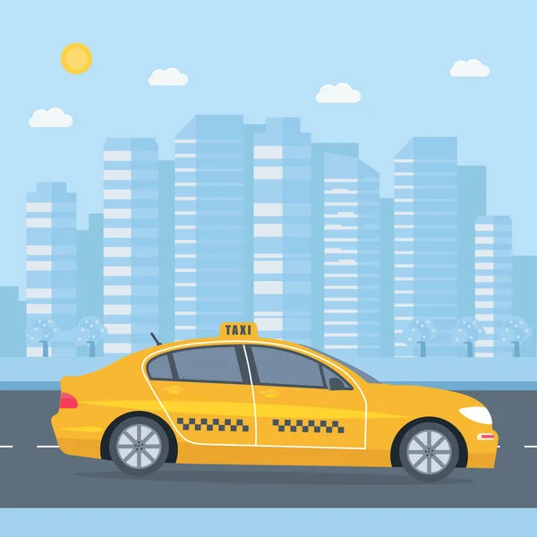 Plakát Stroj Yellow Cab Městě Veřejné Taxi Služby Koncept Panoráma — Stockový vektor