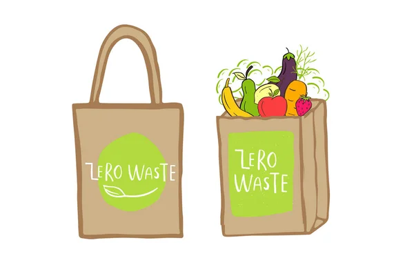 Handgezeichnete Einkaufstasche Mit Dem Schriftzug Zero Waste Für Grüne Lebensmittel — Stockvektor