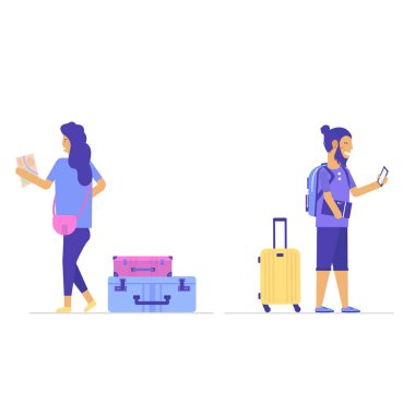 Seyahat çantalı ve bavullu gençler yaz tatiline, yolculuğa ya da seyahate çıkıyorlar