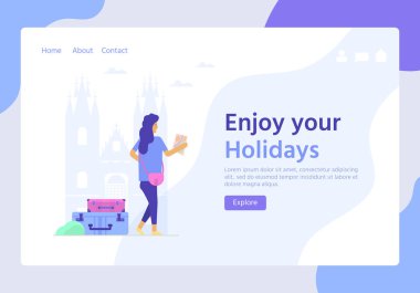 Haritası, çantası ve bagajı olan genç bir kadın. Web sitesi şablonu, çevrimiçi rezervasyon için seyahat ve turizm kavramı