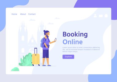 Cep telefonu, çantası ve bagajı olan gençler. Web sitesi şablonu, çevrimiçi rezervasyon için seyahat ve turizm kavramı