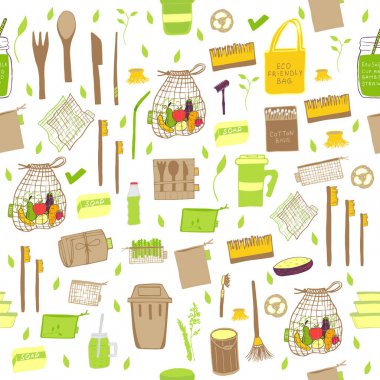 Kusursuz desen. El çizilmiş Sıfır atık vektör tasarımı. Eko yaşamın hiçbir plastik elemanları: yeniden kullanılabilir kağıt, bambu, ahşap, kumaş pamuk torbalar, cam, kavanoz, çatal bıçak takımı.