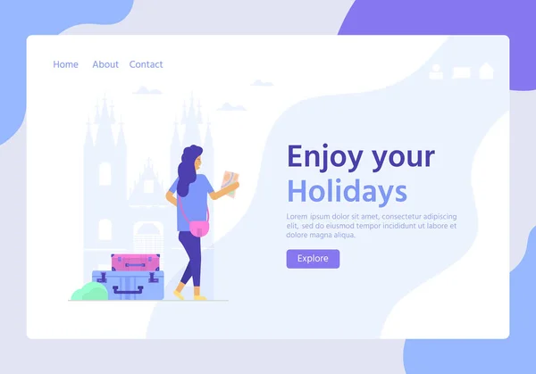 Young woman with map, bag and baggage. Travel and tourism concept for website template, online booking reservation — 스톡 벡터