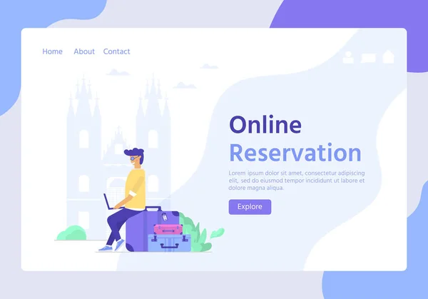Junger Mann mit Laptop und Gepäck. Reise- und Tourismuskonzept für Website-Vorlage, Online-Buchung — Stockvektor