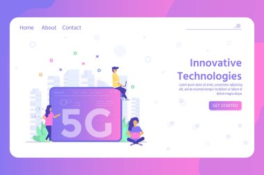 Karakterlerle yüksek hızlı mobil 5g teknoloji konsepti. İletişim kablosuz ağ sistemleri ve internet. Web sitesi, açılış sayfası, web banner, kullanıcı arabirimi için şablon. Vektör çizimi