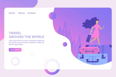 Bagaj, bagaj ve genç sevimli kadın seti. Web sitesi kullanıcı arayüzü şablonu, online rezervasyon rezervasyonu, açılış sayfası, afiş, uçak bileti hizmeti için seyahat ve turizm konsepti. Vektör