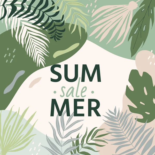 Πώληση banner με τροπικά φύλλα, αφίσα με φοινικόδασος, ζούγκλα — Διανυσματικό Αρχείο