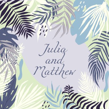 Çiçek, tropikal yaprakları, çelenk, geometr ile düğün davetiyesi