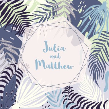 Çiçek, tropikal yaprakları, çelenk, geometr ile düğün davetiyesi