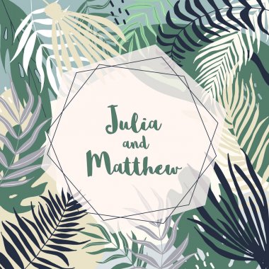 Çiçek, tropikal yaprakları, çelenk, geometr ile düğün davetiyesi