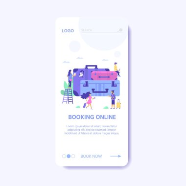 Bagaj seti, laggage ve genç sevimli insanlar. Web sitesi kullanıcı arayüzü şablonu, online rezervasyon rezervasyonu, açılış sayfası, afiş, uçak bileti hizmeti için seyahat ve turizm konsepti. Vektör