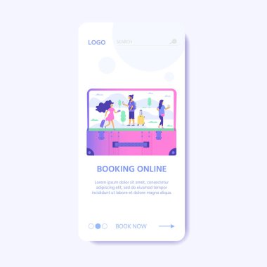 Bagaj seti, laggage ve genç sevimli insanlar. Web sitesi kullanıcı arayüzü şablonu, online rezervasyon rezervasyonu, açılış sayfası, afiş, uçak bileti hizmeti için seyahat ve turizm konsepti. Vektör