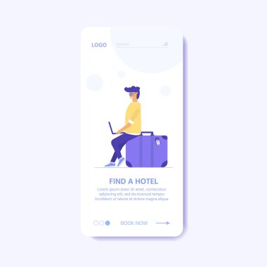 Bagaj seti, laggage ve genç sevimli insanlar. Web sitesi kullanıcı arayüzü şablonu, online rezervasyon rezervasyonu, açılış sayfası, afiş, uçak bileti hizmeti için seyahat ve turizm konsepti. Vektör