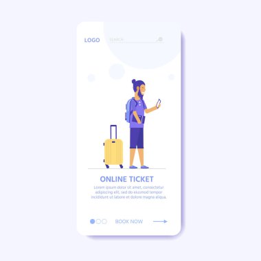 Bagaj seti, laggage ve genç sevimli insanlar. Web sitesi kullanıcı arayüzü şablonu, online rezervasyon rezervasyonu, açılış sayfası, afiş, uçak bileti hizmeti için seyahat ve turizm konsepti. Vektör