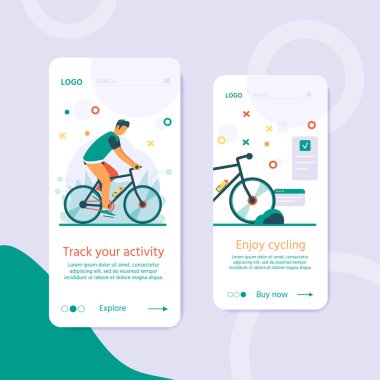 Karakter bisiklet sürme ile sağlıklı bir yaşam tarzı. Bisiklet için açılış sayfası tasarımı. Web siteleri için Modern Vektör illüstrasyon kavramı. Kullanıcı arayüzü Ux, cep telefonu için Ui ekran şablonu.