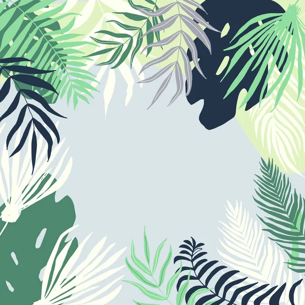 Banner de verano con hojas tropicales, póster con palmera, hoja de la selva y letras. Fondo tropical floral, plantilla de diseño para contenido promocional de redes sociales. Ilustración vectorial — Vector de stock