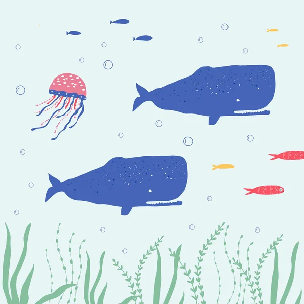 Makhluk bawah air gurita, paus, ikan, amfibi dan karang, diatur dengan hewan laut untuk kain, tekstil, wallpaper, dekorasi pembibitan, cetakan, latar belakang kekanak-kanakan. Vektor - Stok Vektor