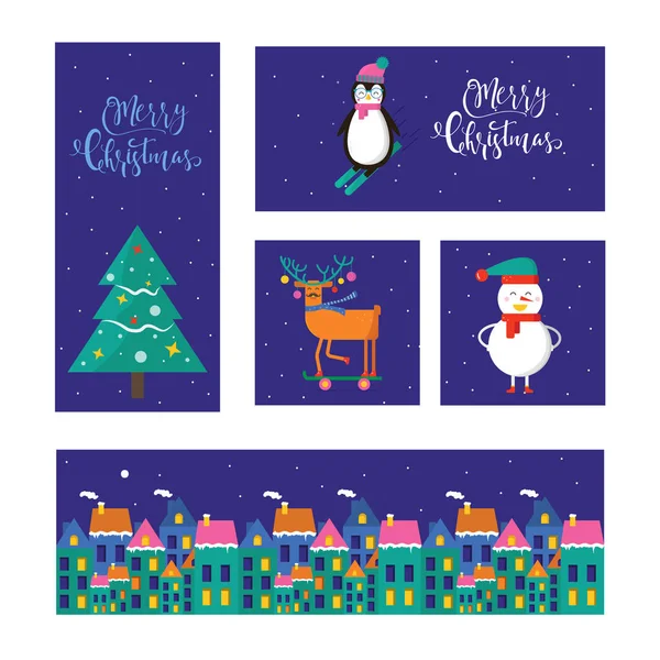 Feliz Navidad linda tarjeta de felicitación con animales, casas y pres — Vector de stock