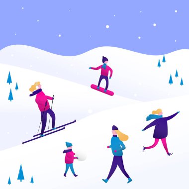 İnsanlarla, erkeklerle ve kadınlarla, çocuklarla ve aileyle kış sporları. Kayak, kayak, snowboard sahnesi. Kayak merkezindeki düz karakterler. Tebrik kartı, poster ve afiş için Noel tasarımı.