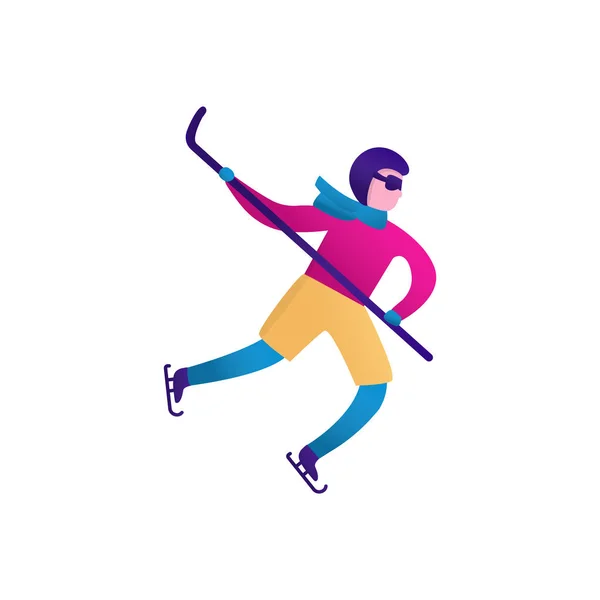 Wintersport met mensen, schaatsen, hokey spelen. Vlakke vectorfiguur geïsoleerd. Kerstontwerp voor wenskaart, poster, banner. — Stockvector