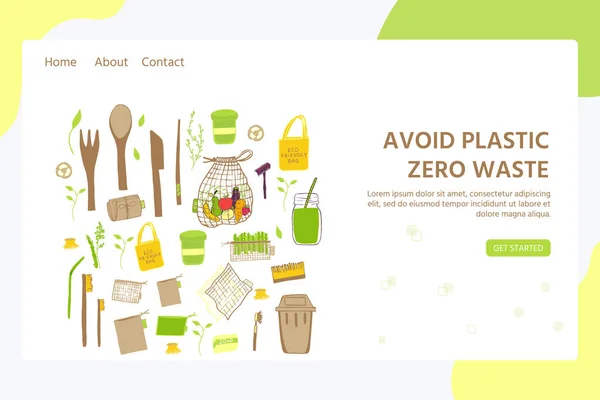 Šablona pro webovou stránku s koncepcí odpadu s nulovým odpadem. Žádný plastový elemen — Stockový vektor