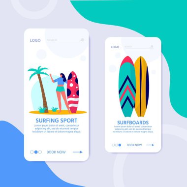 Web sitesi şablonu, sörf tahtası olan insanlar kavramı. Gençler denizde, okyanusta tatilin tadını çıkarıyorlar. Yaz sporları, boş zaman aktiviteleri, yürüyüş sayfası. Düz vektör