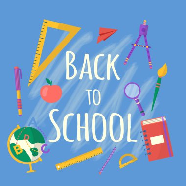 Okul malzemelerinin toplanması, kitap, defter, kalem, sırt çantası, cetvel, kitaplar, dünya, fırça ve boya. Okul arka planına kırtasiyeyle geri dön. Ofis aksesuarları.