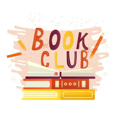 Davetiye, tebrik kartı, tanıtım kartı, baskılar, broşür, kapak ve posterler için el yazması kitap kulübü yazmaları. Açık kitaplı vektör vintage illüstrasyon