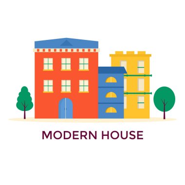 Pencere, garaj, balkon ve çatısı olan küçük modern evler. Ağaçlı bir apartman dairesi. Vektör şehir manzarası çizimi. Geometrik biçimdeki basit arkaplan