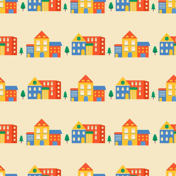 Zökkenőmentes Mintaházak Utcák Háztetők Aranyos Városkép Színes Háttér Gyerekeknek Textil — Stock Vector