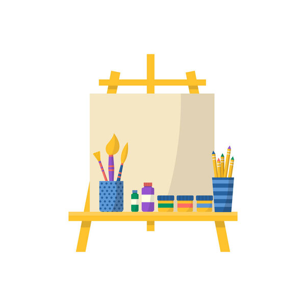 Collection of school supplies with brush and paints. Vector Back to school background with stationery. Office accessories.